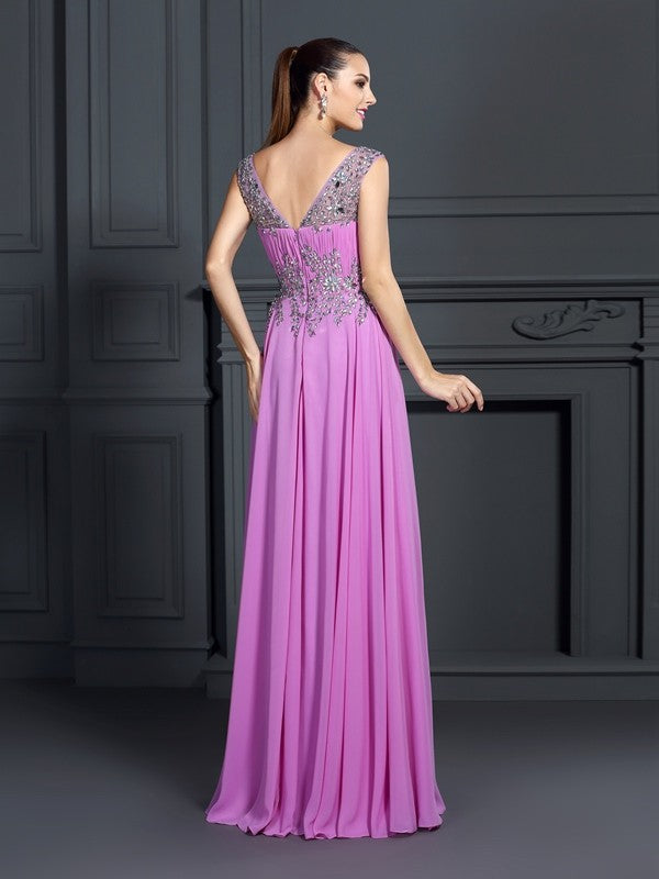 Gorgeous Straps Beading Sleeveless Long Evening Dress Chiffon-ballbellauk