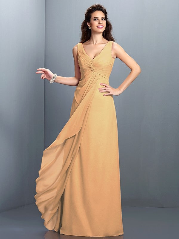 Gorgeous Straps Pleats Sleeveless Long Chiffon Bridesmaid Prom Dress-ballbellauk