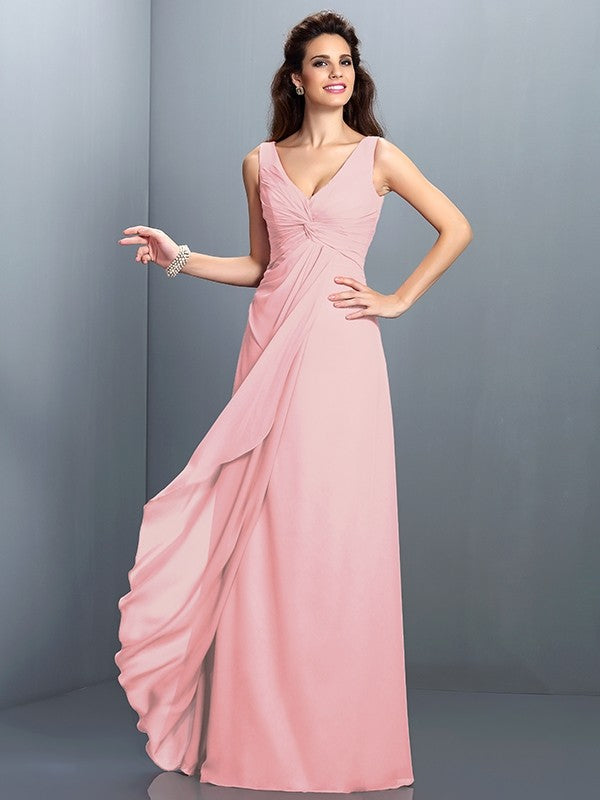 Gorgeous Straps Pleats Sleeveless Long Chiffon Bridesmaid Prom Dress-ballbellauk