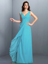 Gorgeous Straps Pleats Sleeveless Long Chiffon Bridesmaid Prom Dress-ballbellauk