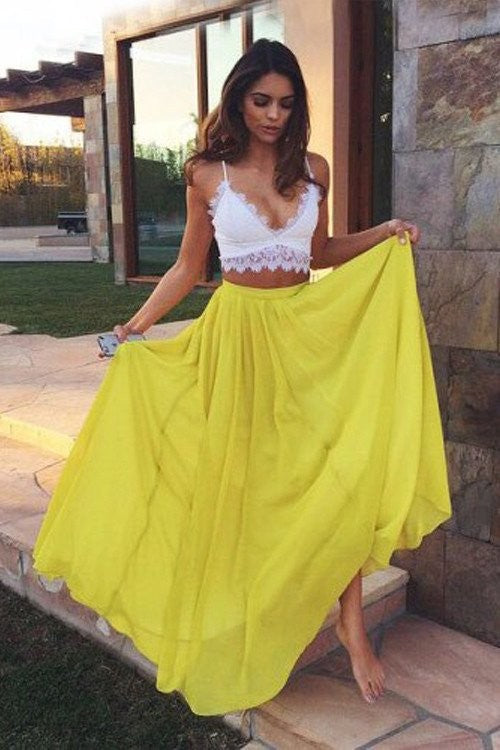 Gorgeous Straps Sleeveless Long Lace Chiffon Two Piece Prom Dress-ballbellauk