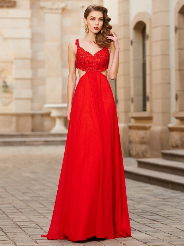 Gorgeous Straps Sleeveless Long With Appliques Evening Dress Chiffon-ballbellauk