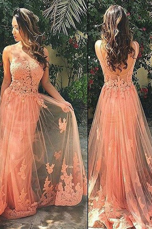 Gorgeous Straps Sleeveless Tulle With Appliques Prom Dress-ballbellauk