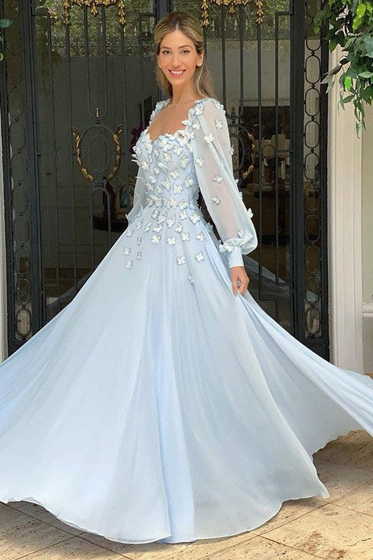 Gorgeous Sweetheart Chiffon Long Sleeves With Appliques Long Prom Dress-ballbellauk