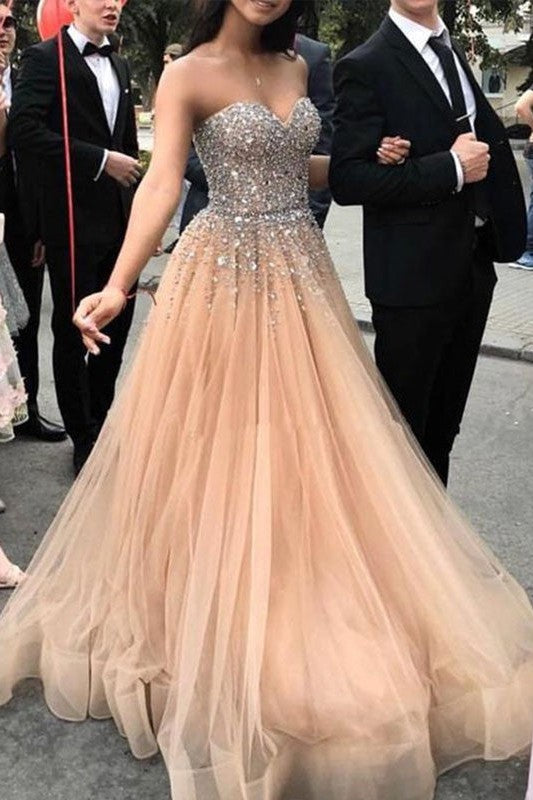 Gorgeous Sweetheart Sleeveless Beading Tulle Prom Dress online-ballbellauk