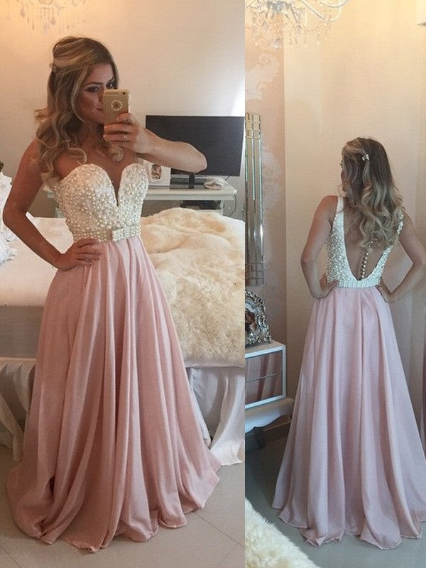 Gorgeous Sweetheart Sleeveless Pearls Long Evening Dress Chiffon-ballbellauk