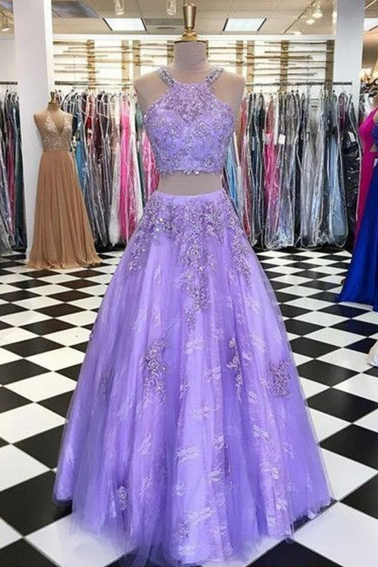 Gorgeous Tulle Beading Halter Sleeveless Long Two Piece Prom Dress-ballbellauk