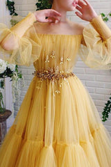 Gorgeous Tulle Beading Off-the-Shoulder Long Sleeves Long Prom Dress-ballbellauk