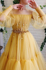 Gorgeous Tulle Beading Off-the-Shoulder Long Sleeves Long Prom Dress-ballbellauk