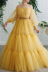 Gorgeous Tulle Beading Off-the-Shoulder Long Sleeves Long Prom Dress-ballbellauk