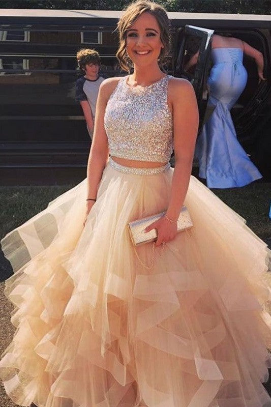 Gorgeous Tulle Beading Scoop Sleeveless Long Two Piece Prom Dress-ballbellauk