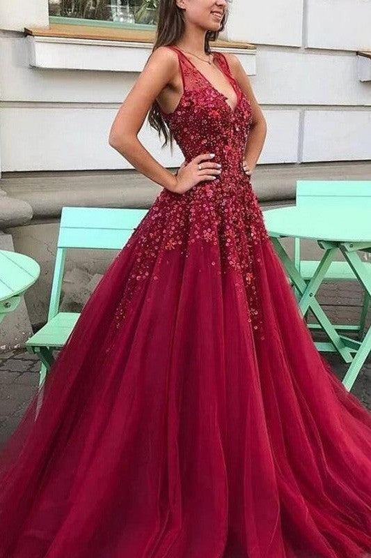 Gorgeous Tulle Beading V-neck Sleeveless Prom Dress-ballbellauk