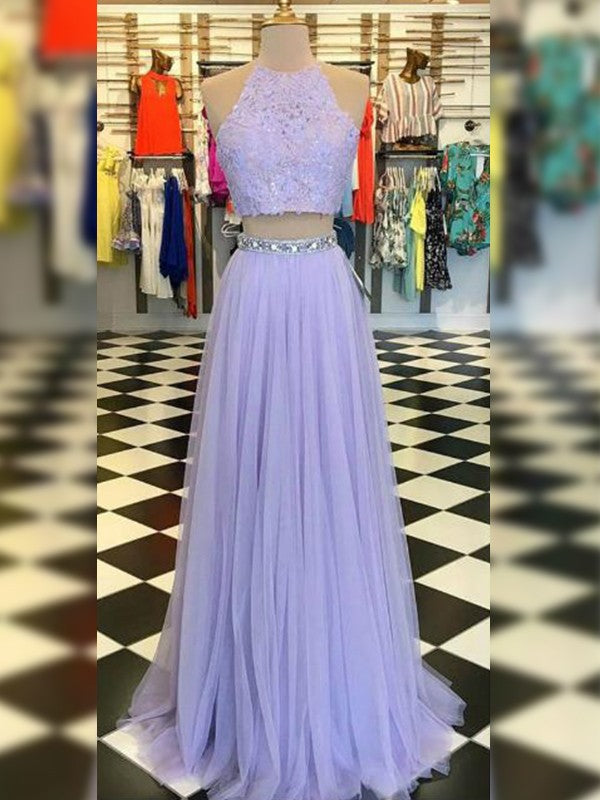 Gorgeous Tulle Halter Sleeveless Long Two Piece Prom Dress with Lace-ballbellauk