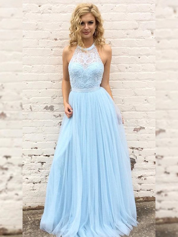 Gorgeous Tulle Lace Halter Sleeveless Long Prom Dress-ballbellauk