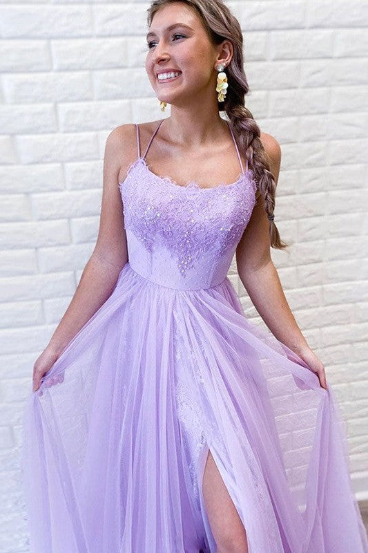 Gorgeous Tulle Lace Spaghetti-Straps Sleeveless Prom Dress-ballbellauk