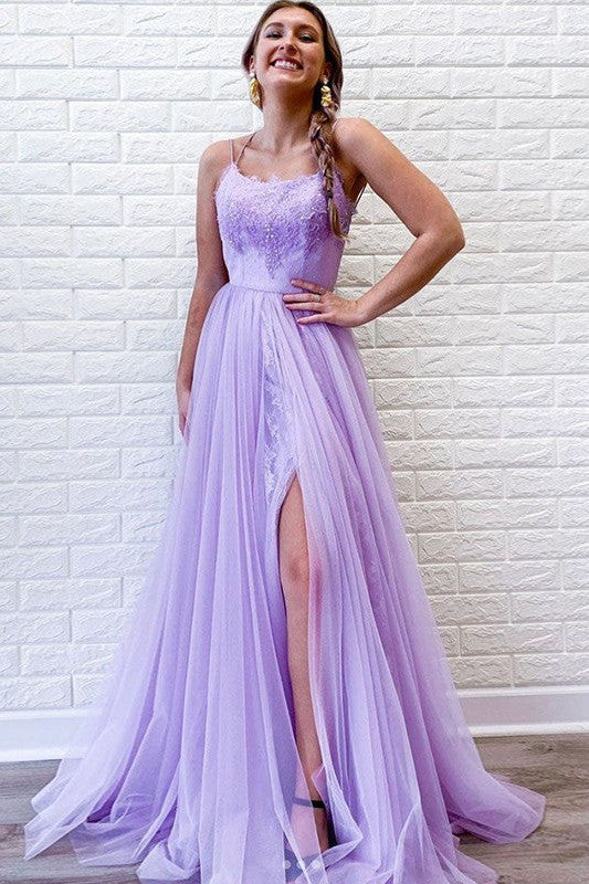 Gorgeous Tulle Lace Spaghetti-Straps Sleeveless Prom Dress-ballbellauk