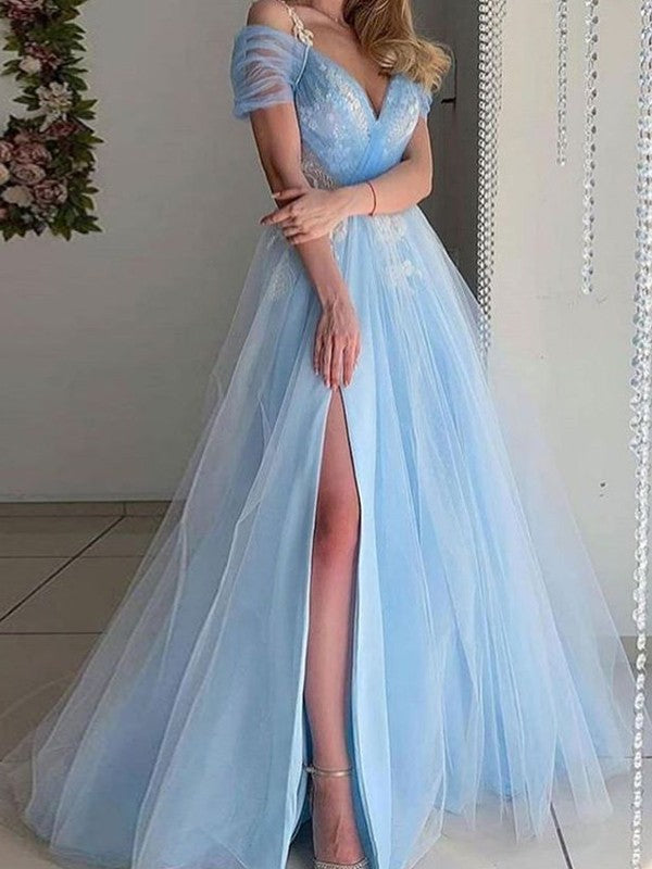 Gorgeous Tulle Lace V-neck Short Sleeves Prom Dress-ballbellauk