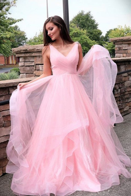 Gorgeous Tulle Ruched Sleeveless V-neck Prom Dress-ballbellauk