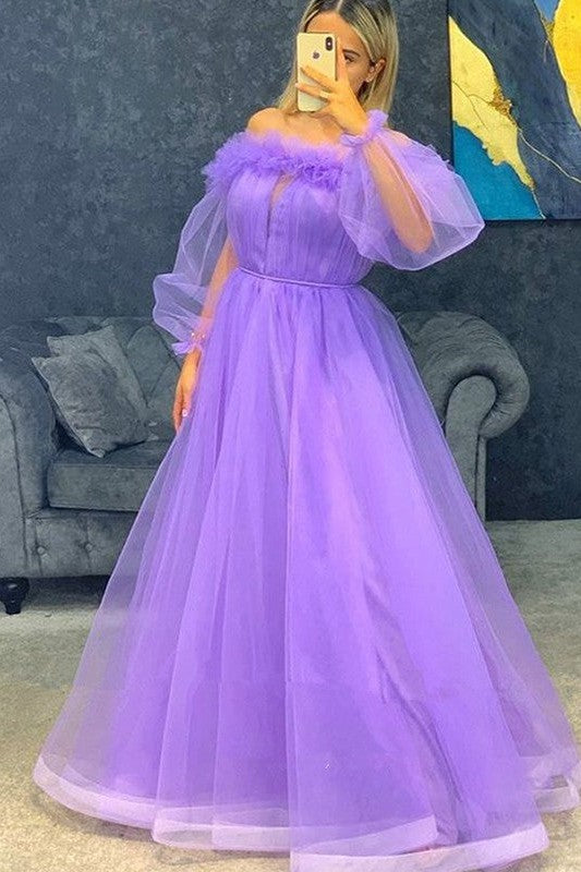 Gorgeous Tulle Ruffles Off-the-Shoulder Long Sleeves Long Prom Dress-ballbellauk