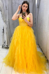 Gorgeous Tulle Ruffles Spaghetti-Straps Sleeveless Prom Dress-ballbellauk