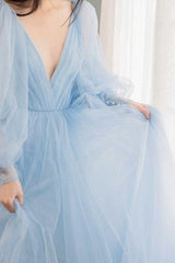 Gorgeous Tulle Ruffles V-neck Long Sleeves Prom Dress-ballbellauk