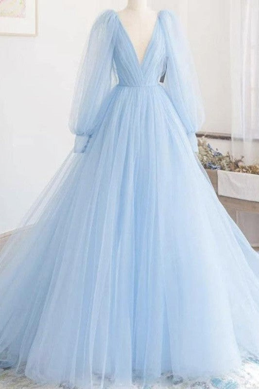 Gorgeous Tulle Ruffles V-neck Long Sleeves Prom Dress-ballbellauk