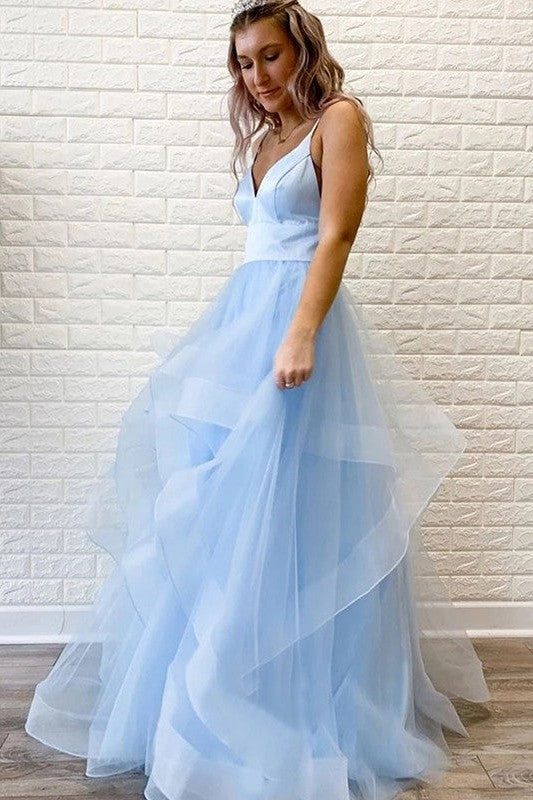 Gorgeous Tulle Ruffles V-neck Sleeveless Long Prom Dress-ballbellauk