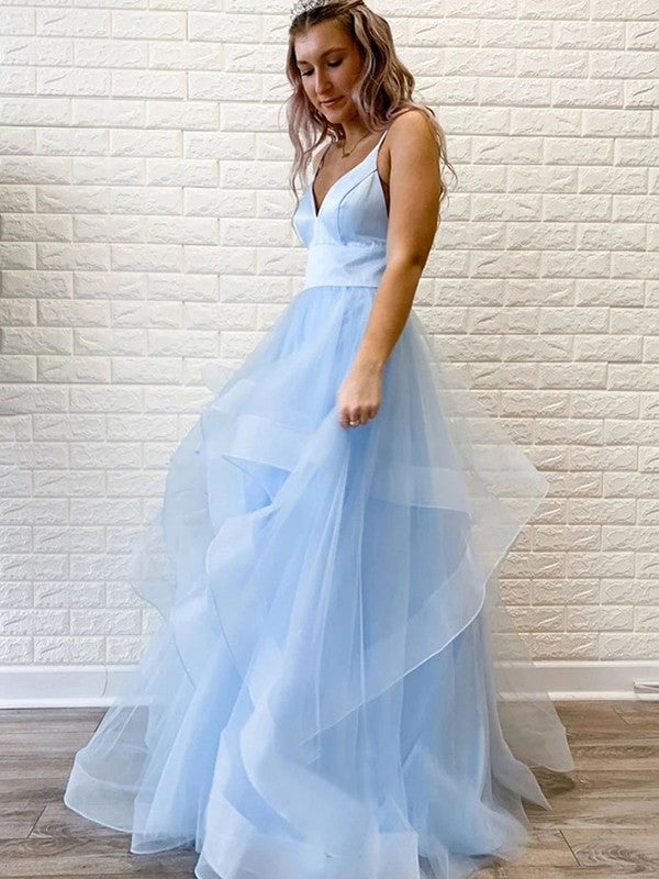 Gorgeous Tulle Ruffles V-neck Sleeveless Long Prom Dress-ballbellauk