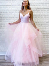 Gorgeous Tulle Ruffles V-neck Sleeveless Long Prom Dress-ballbellauk