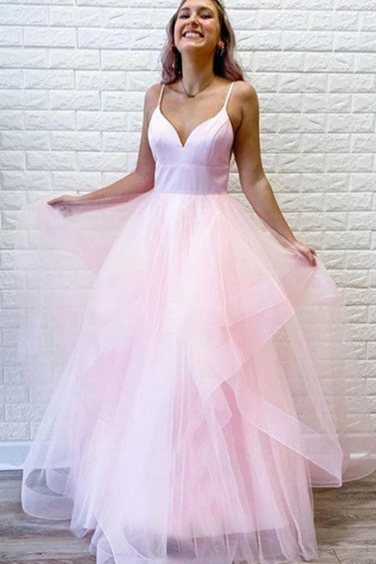 Gorgeous Tulle Ruffles V-neck Sleeveless Long Prom Dress-ballbellauk