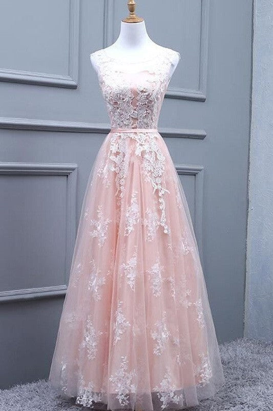 Gorgeous Tulle Scoop Sleeveless Long With Appliques Prom Dress-ballbellauk