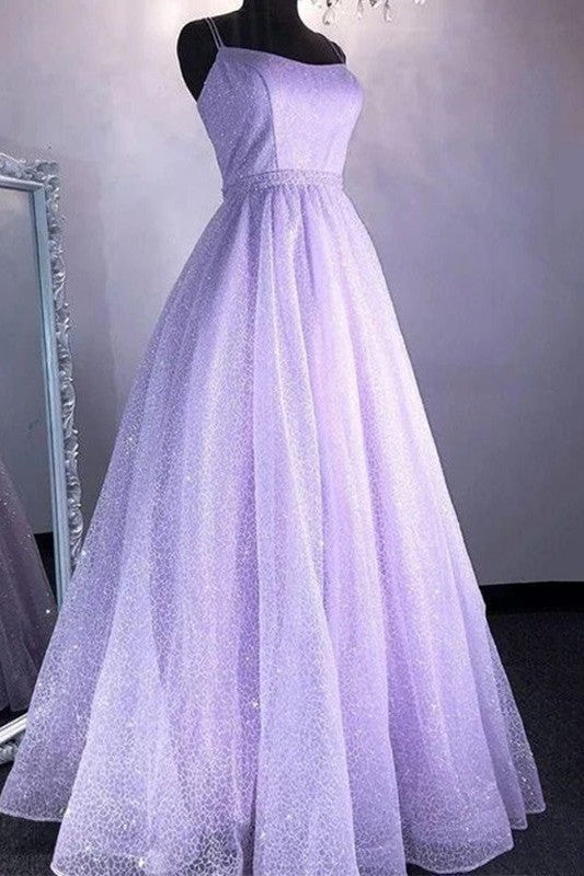 Gorgeous Tulle Spaghetti-Straps Ruffles Sleeveless Long Prom Dress-ballbellauk