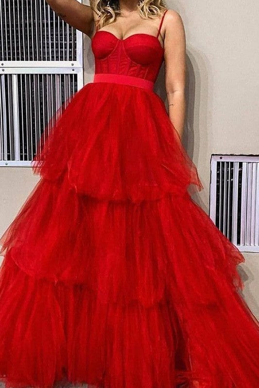 Gorgeous Tulle Spaghetti-Straps Sleeveless Layers Prom Dress-ballbellauk