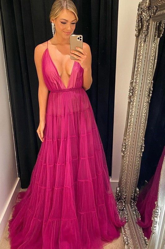 Gorgeous Tulle V-neck Ruffles Sleeveless Prom Dress-ballbellauk