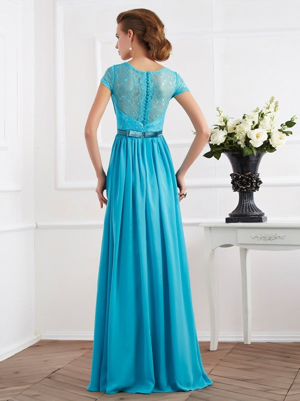 Gorgeous V-neck Beading Short Sleeves Long Evening Dress Chiffon-ballbellauk