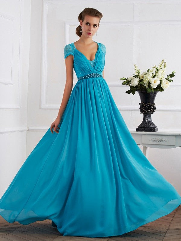 Gorgeous V-neck Beading Short Sleeves Long Evening Dress Chiffon-ballbellauk