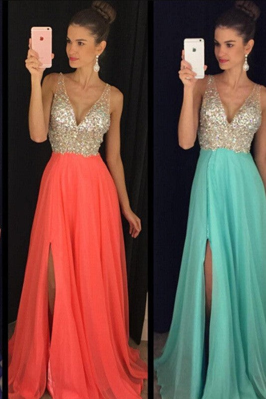 Gorgeous V-neck Beading Sleeveless Long Evening Dress Chiffon-ballbellauk