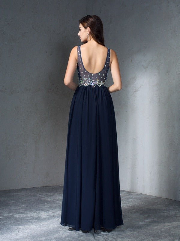 Gorgeous V-neck Beading Sleeveless Long Evening Dress Chiffon-ballbellauk