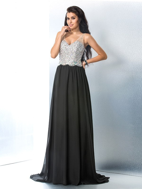 Gorgeous V-neck Beading Sleeveless Long Evening Dress Chiffon-ballbellauk