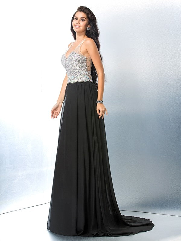 Gorgeous V-neck Beading Sleeveless Long Evening Dress Chiffon-ballbellauk