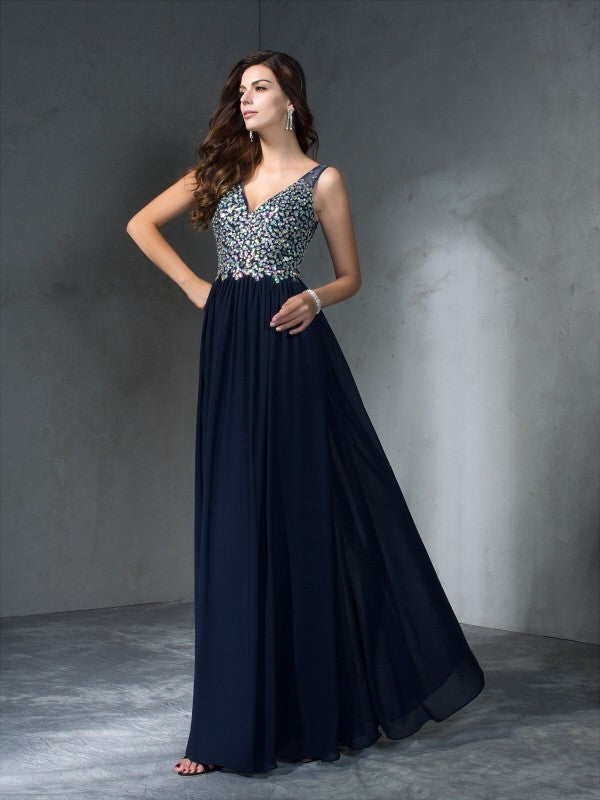 Gorgeous V-neck Beading Sleeveless Long Evening Dress Chiffon-ballbellauk