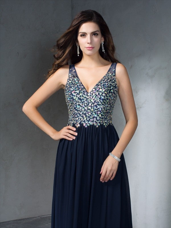 Gorgeous V-neck Beading Sleeveless Long Evening Dress Chiffon-ballbellauk