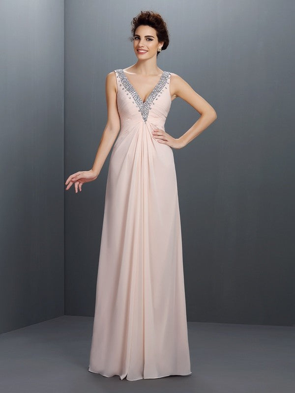 Gorgeous V-neck Beading Sleeveless Long Evening Dress Chiffon-ballbellauk