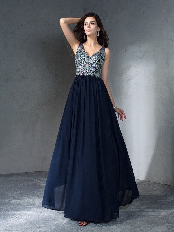 Gorgeous V-neck Beading Sleeveless Long Evening Dress Chiffon-ballbellauk