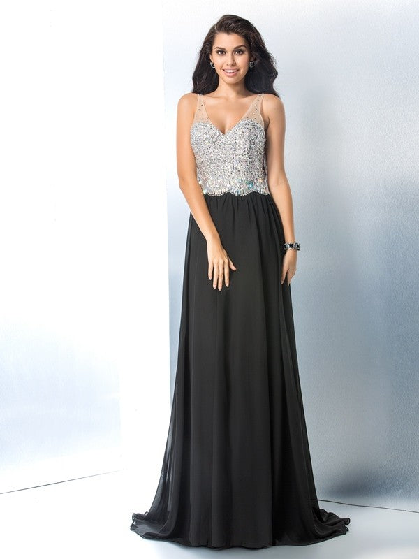 Gorgeous V-neck Beading Sleeveless Long Evening Dress Chiffon-ballbellauk