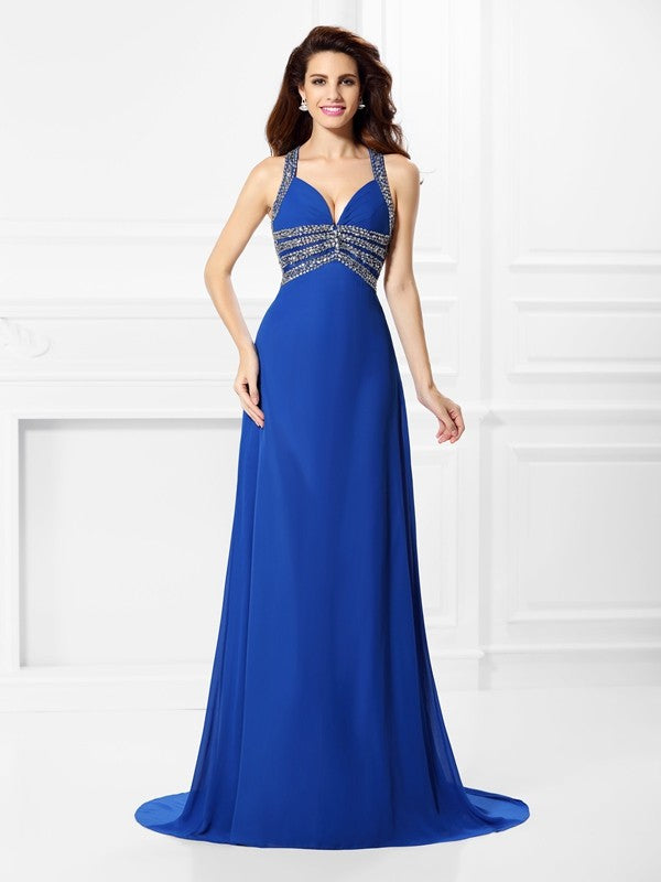 Gorgeous V-neck Beading Sleeveless Long Evening Dress Chiffon-ballbellauk