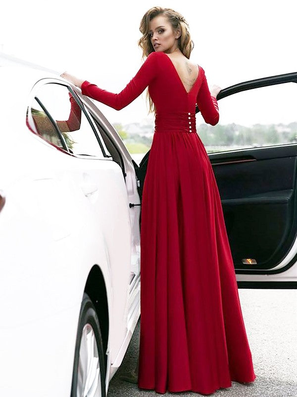 Gorgeous V-neck Long Ruffles Satin Evening Dress Chiffon-ballbellauk