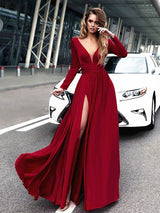 Gorgeous V-neck Long Ruffles Satin Evening Dress Chiffon-ballbellauk