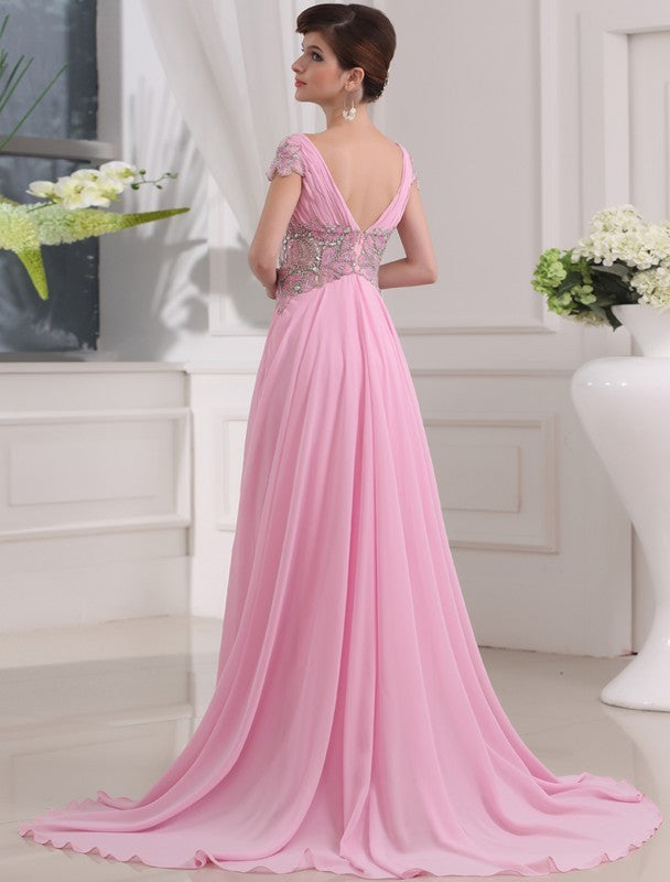 Gorgeous V-neck Long Short Sleeves Beading Evening Dress Chiffon-ballbellauk