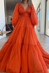 Gorgeous V-neck Long Sleeves 30D Chiffon Ruffles Prom Dress-ballbellauk